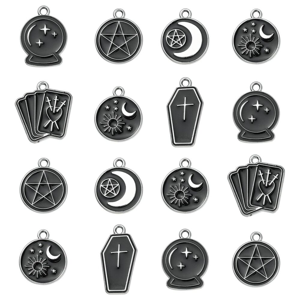 6215 35pcs 7 Styles Black Theme Tarot Magic Charms Enamel Coffin Magic Ball
